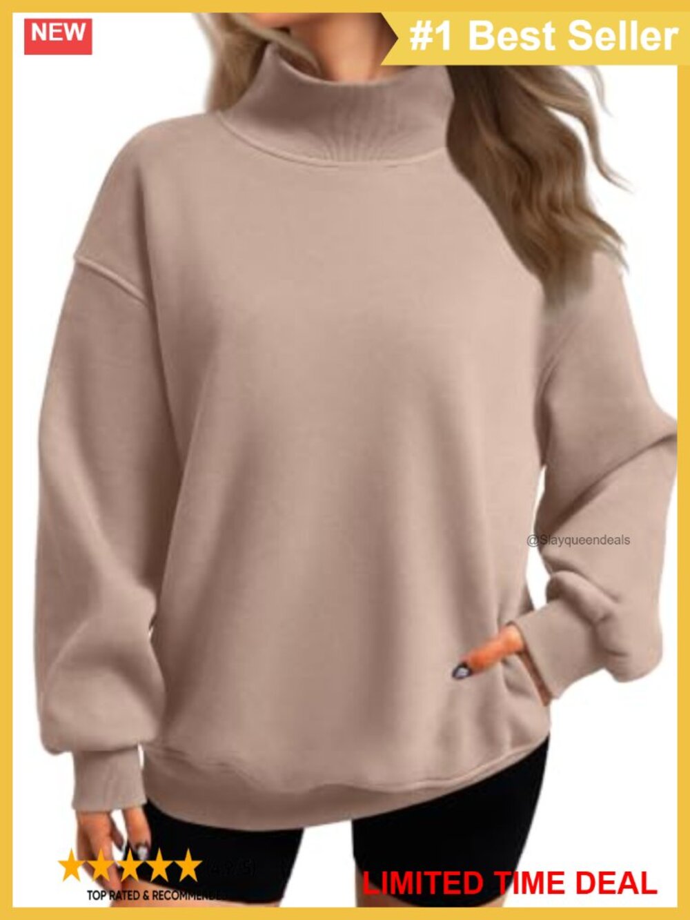 Cotton Fleece Oversized Mock Neck Sweatshirt Drop Shoulder Pullover